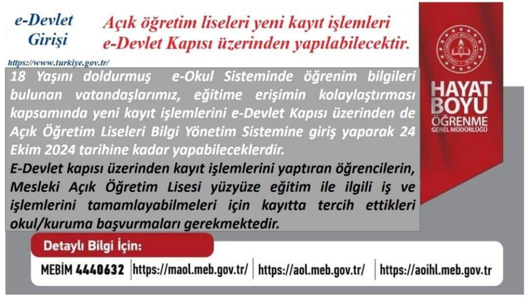 Kayıt İşlemleri e-Devlet Üzerinden de Yapılabilecektir